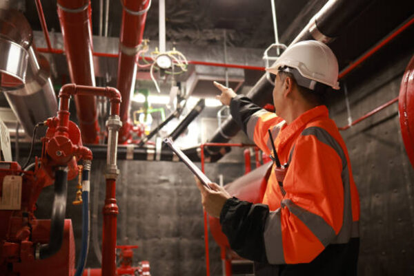 The engineer inspects the safety equipment on the fire extinguishing system.