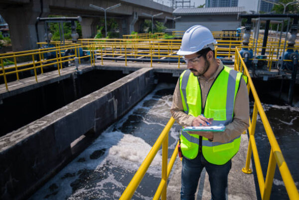 Engineer take water from  wastewater treatment pond to check the quality of the water. After going through the wastewater treatment process